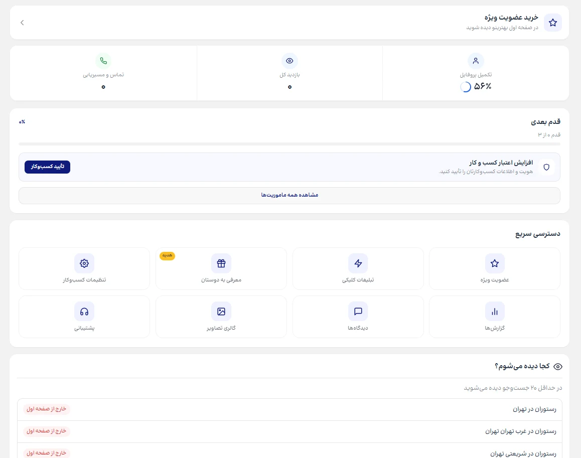 داشبورد مدیریت کسب‌وکار در بهترینو با آمار بازدید و تماس